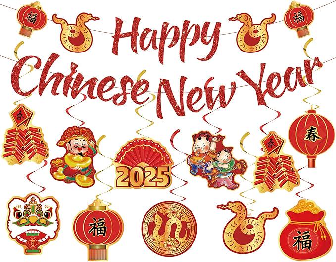 22pcs Chinese New Year 2025 Banner Hanging Swirls Snake Lunar Festival Decor