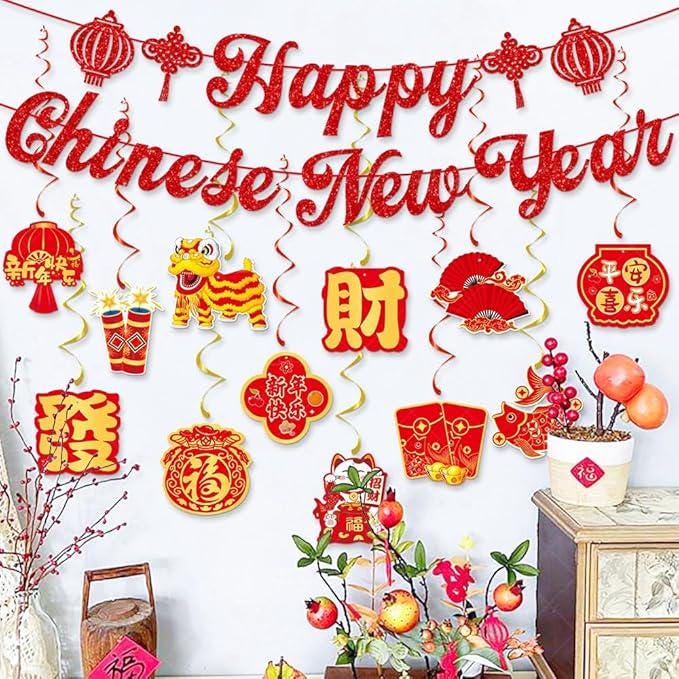 14pcs Chinese New Year Hanging Swirls Banner Snake Year Ceiling Decor