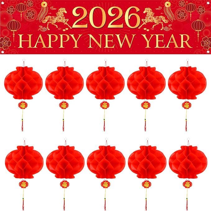 2026 Chinese New Year Banner Horse Red Lanterns Spring Festival Party Decor