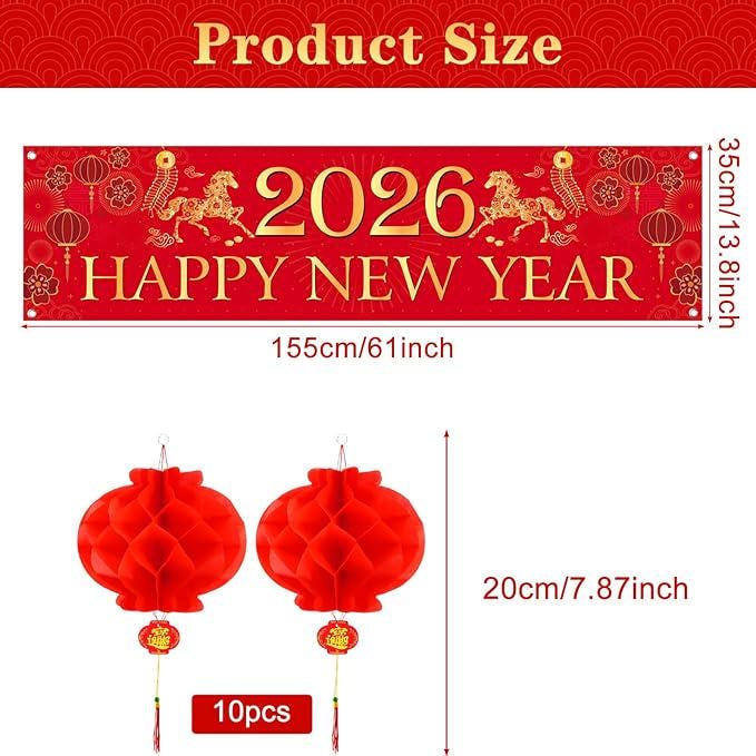 2026 Chinese New Year Banner Horse Red Lanterns Spring Festival Party Decor