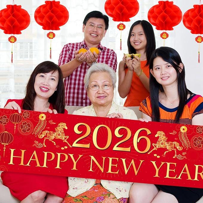 2026 Chinese New Year Banner Horse Red Lanterns Spring Festival Party Decor