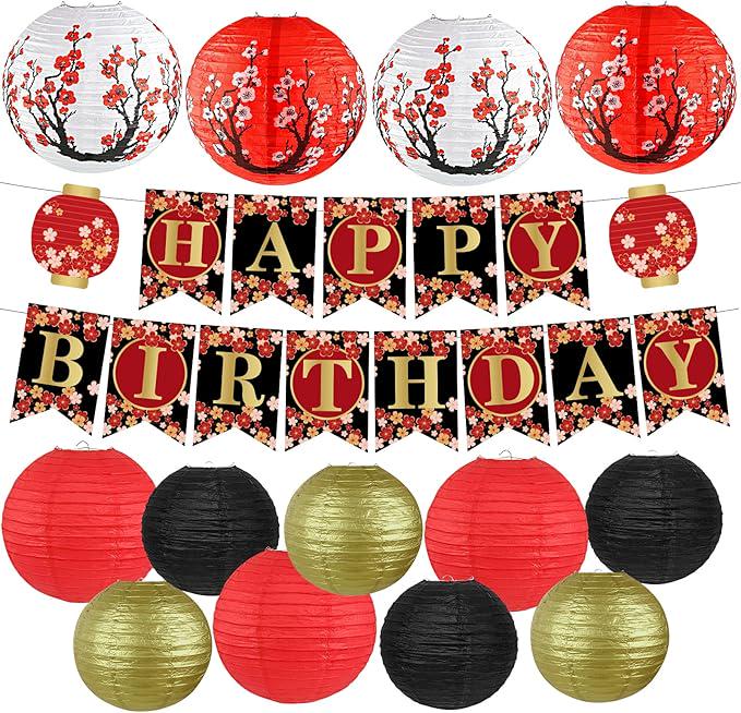 14pcs Hibachi Party Decorations Red Black Gold Lanterns Cherry Blossom Banner