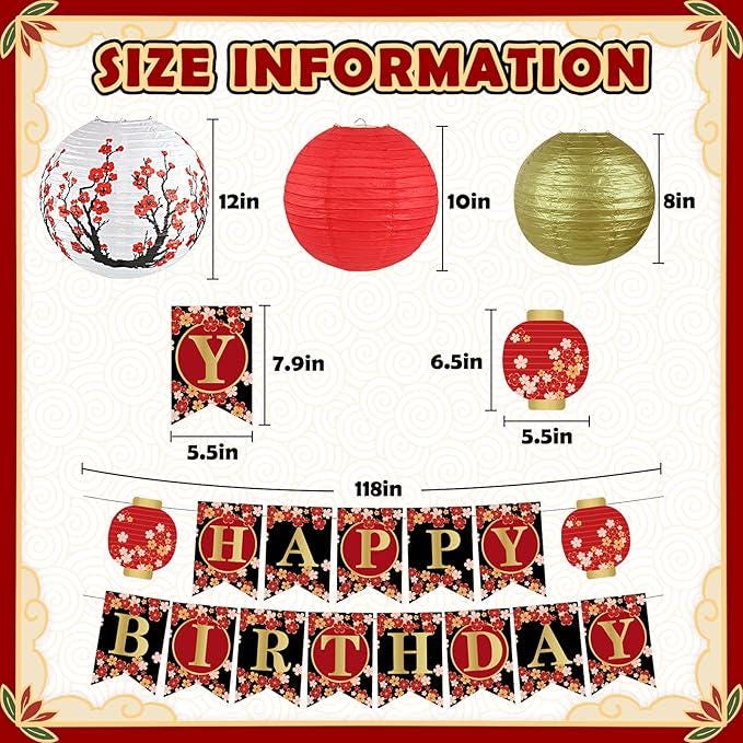 14pcs Hibachi Party Decorations Red Black Gold Lanterns Cherry Blossom Banner