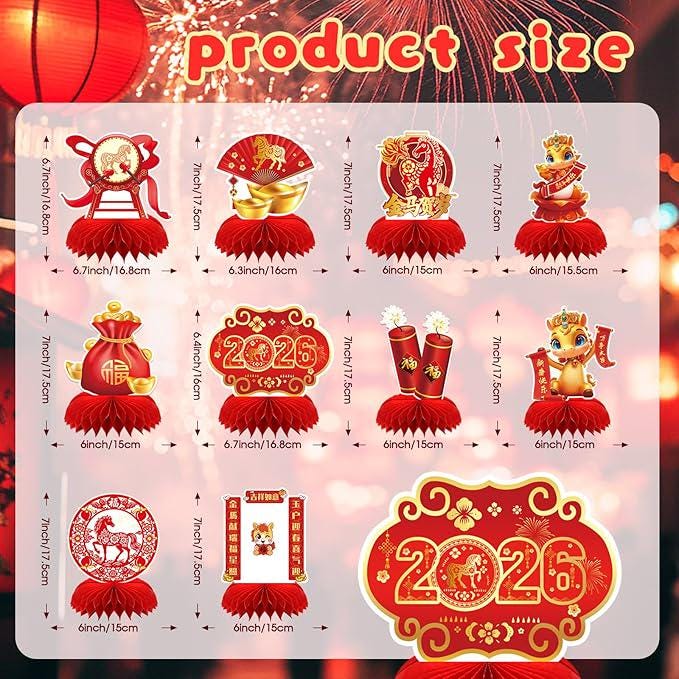 10 Pcs 2026 Lunar New Year Honeycomb Centerpieces Red Gold Table Toppers