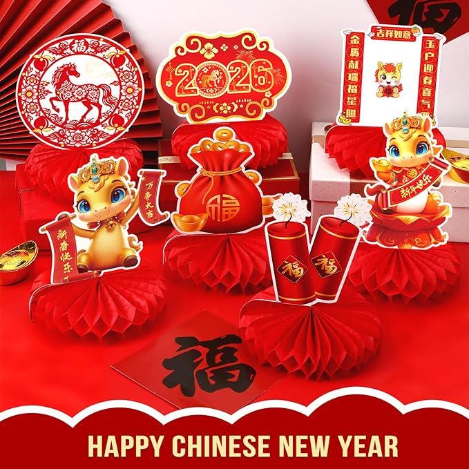 10 Pcs 2026 Lunar New Year Honeycomb Centerpieces Red Gold Table Toppers