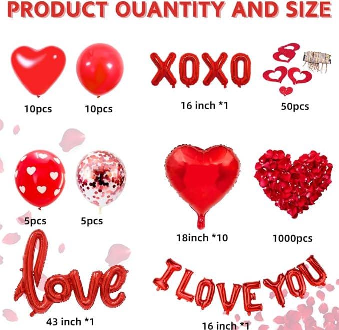 1100 Pcs Valentines Day Balloons Kit Red Hearts Silk Rose Petals Romantic Party Decor