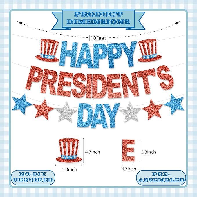 Happy Presidents Day Banner Party Decorations Patriotic Decor for Classroom and Home