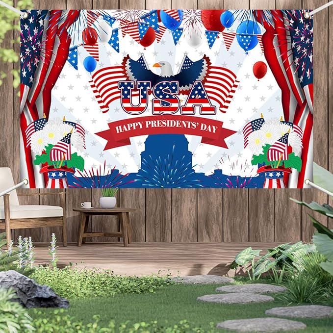 Presidents Day Banner 70 Inch by 43 Inch American Flag Backdrop Patriotic Party Supplies