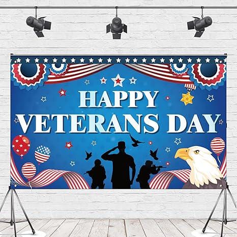 Veterans Day Backdrop Banner, Patriotic Eagle & Soldier Design (71x43 Inch)