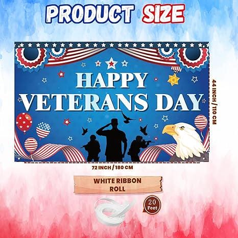 Veterans Day Backdrop Banner, Patriotic Eagle & Soldier Design (71x43 Inch)