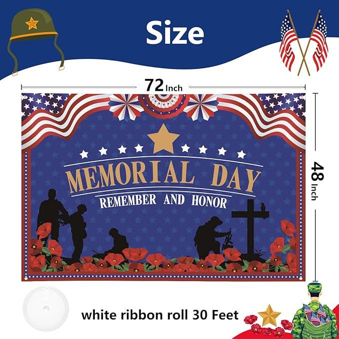 Memorial Day Banner 72 by 48 Inch Patriotic USA Heroes Indoor Outdoor Party Backdrop