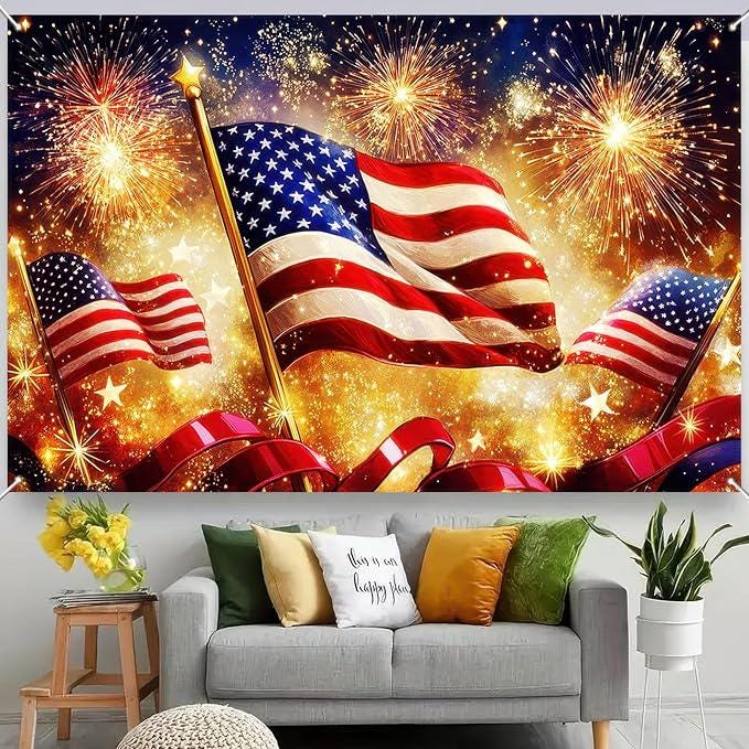 America Independence Day Banner 71 by 43 Inch USA Flag Outdoor Patriotic Holiday Backdrop