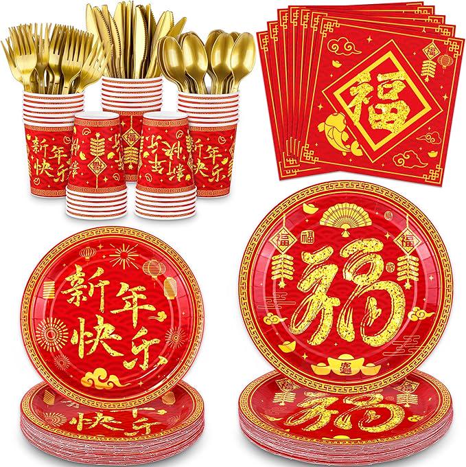 168 Pcs Chinese New Year Party Tableware Set Happy 2026 Horse For 24 Guests