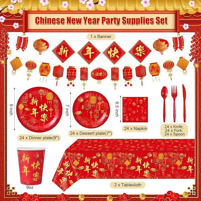 171 Pcs Chinese New Year Party Supplies Kit For 24 Guests Disposable Tableware