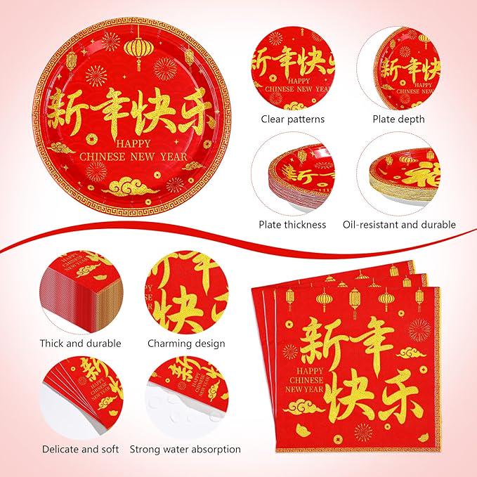 170 Pcs Chinese New Year Party Supplies Red Gold Tableware Set For 24 Guests