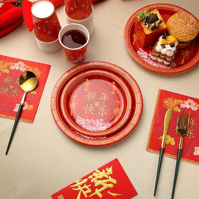 200 Pcs Chinese New Year Party Supplies Paper Plates Napkins Cups For 50 Guests