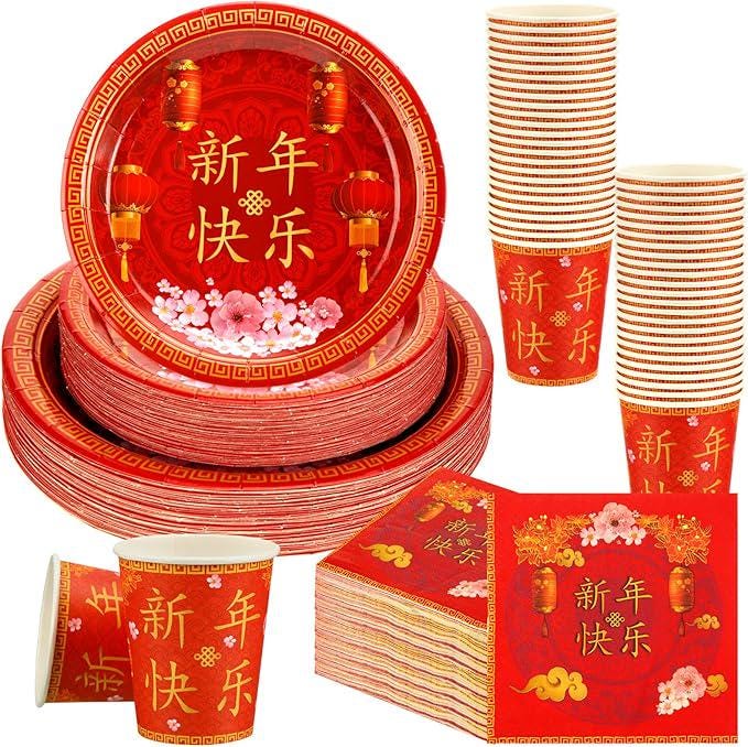 200 Pcs Chinese New Year Party Supplies Paper Plates Napkins Cups For 50 Guests