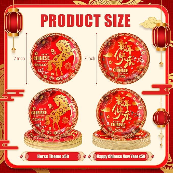100 Pcs Chinese New Year 2026 Red Gold Disposable Paper Plates For Party