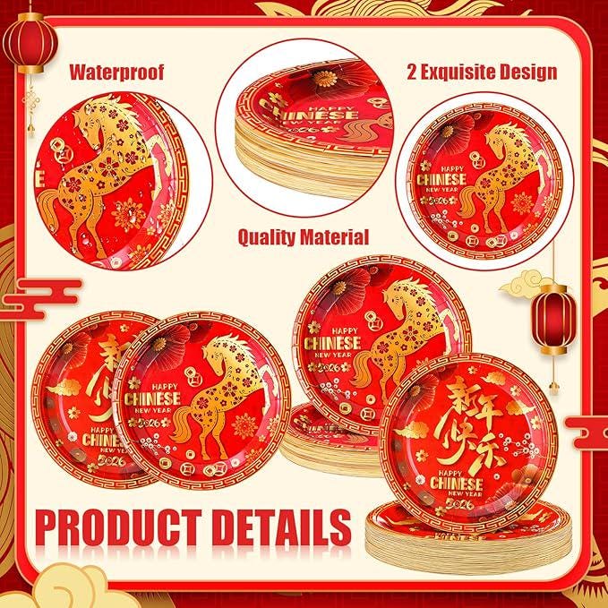 100 Pcs Chinese New Year 2026 Red Gold Disposable Paper Plates For Party