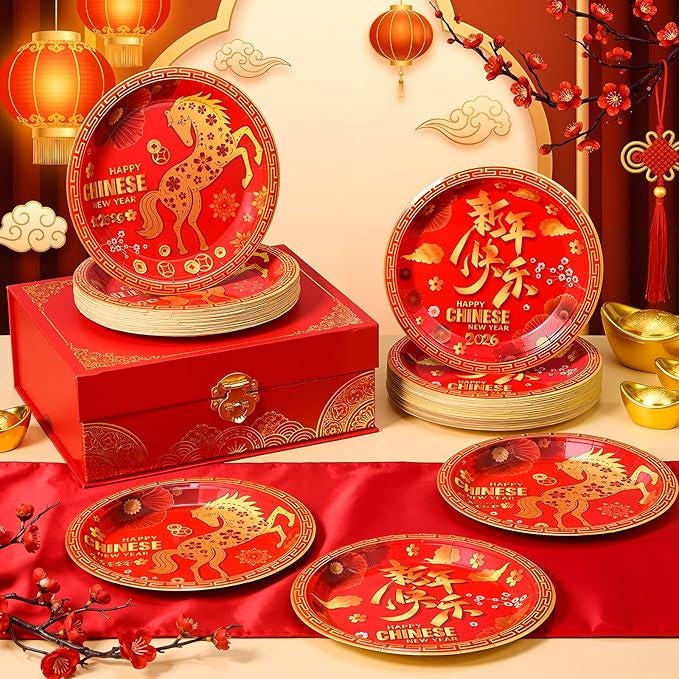 100 Pcs Chinese New Year 2026 Red Gold Disposable Paper Plates For Party