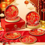 100 Pcs Chinese New Year 2026 Red Gold Disposable Paper Plates For Party