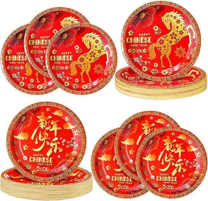 100 Pcs Chinese New Year 2026 Red Gold Disposable Paper Plates For Party