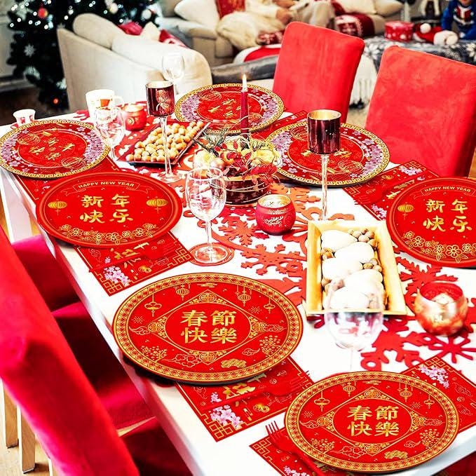 100 Pcs Chinese New Year Party Plates Napkins Cups Set For 25 Guests 2026