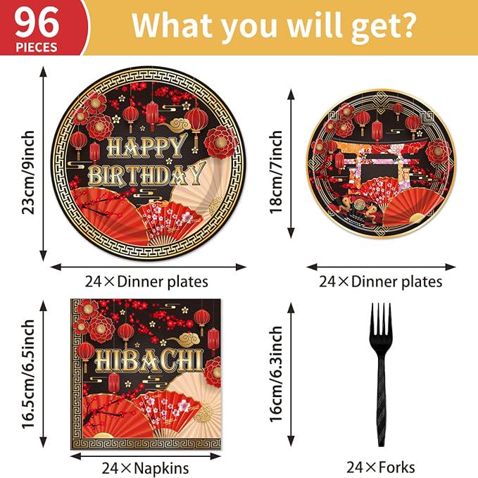 96 Pcs Hibachi Plates Napkins Japanese Style Disposable Tableware For 24 Guests