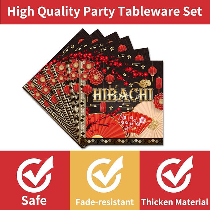 96 Pcs Hibachi Plates Napkins Japanese Style Disposable Tableware For 24 Guests
