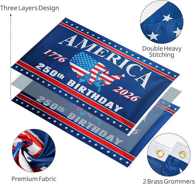 America 250 Flag 3x5 Ft Double Sided 3 Layers President Day Birthday Decoration