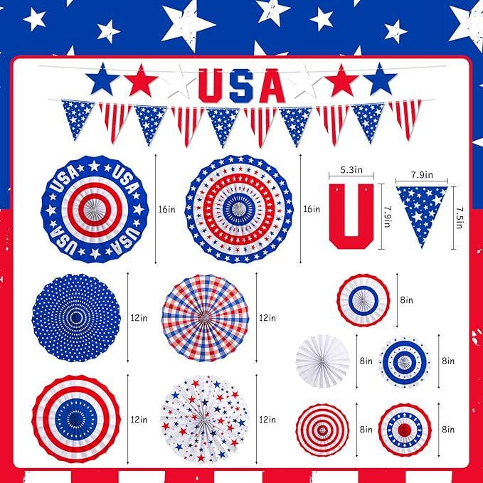 President Day Patriotic Decorations Set Red White Blue Paper Fans USA Banner Memorial Day