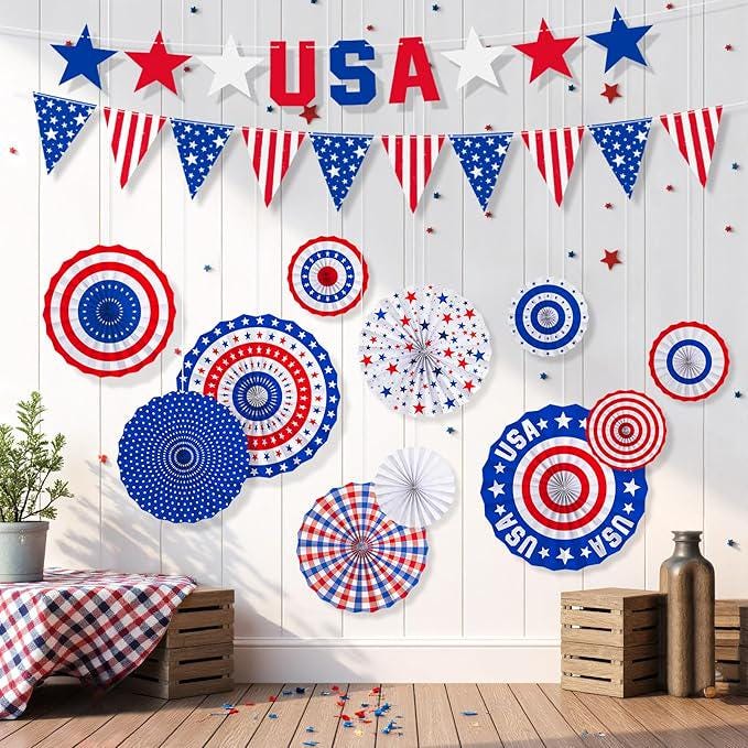 President Day Patriotic Decorations Set Red White Blue Paper Fans USA Banner Memorial Day