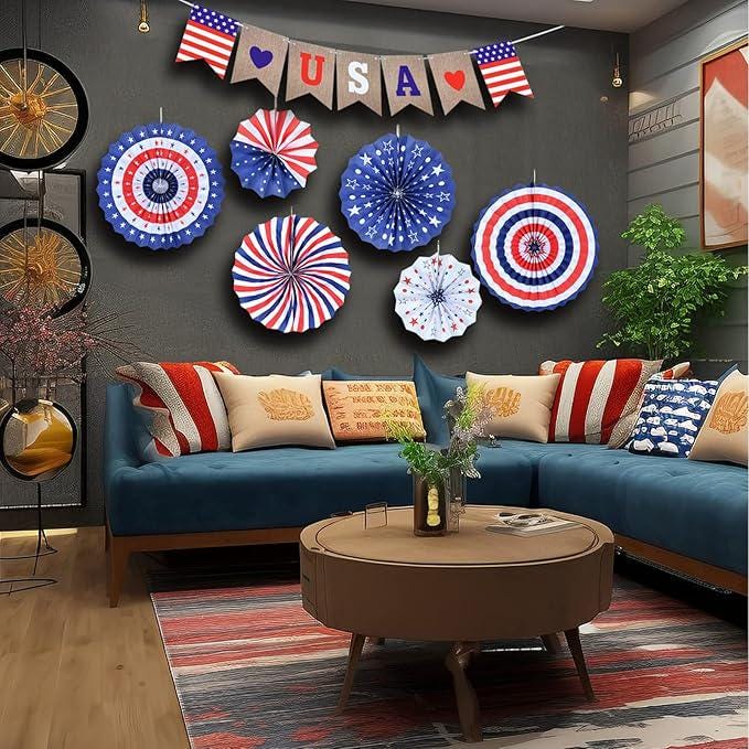 Patriotic Decor Set: USA Banner, Red White Blue Fans, Pom Poms