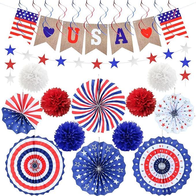 Patriotic Decor Set: USA Banner, Red White Blue Fans, Pom Poms