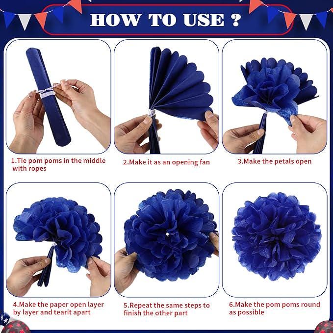 Patriotic Decor Set: 'Proud of You' Banner, Red White Blue Fans, Pom Poms