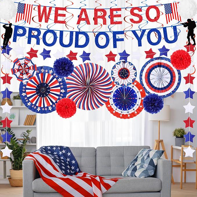 Patriotic Decor Set: 'Proud of You' Banner, Red White Blue Fans, Pom Poms