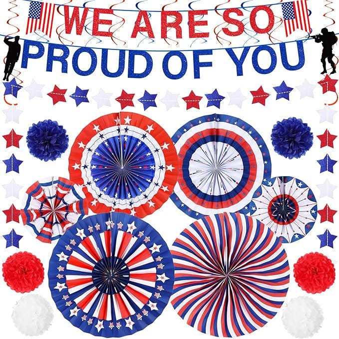 Patriotic Decor Set: 'Proud of You' Banner, Red White Blue Fans, Pom Poms