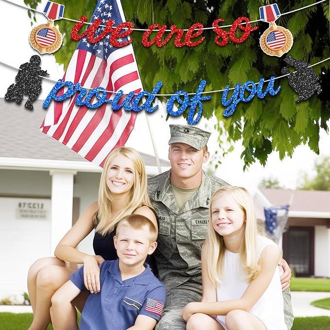 Military Going Away Banner Gold Glitter Proud Patriotic Soldier Veterans Day Decor 2PCS