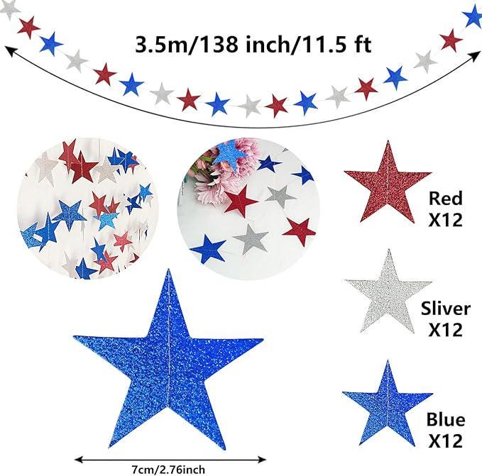 Star Garland 4 Pack Red White Blue Patriotic Decorations Presidents Day Party