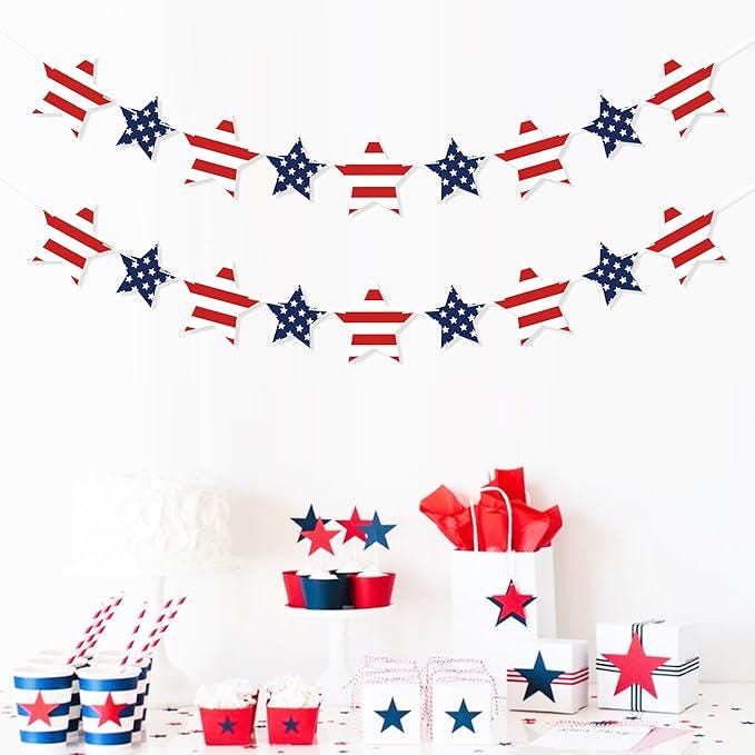 Patriotic Star Garland Banner Red White Blue Stars Presidents Day Holiday Hanging Decor