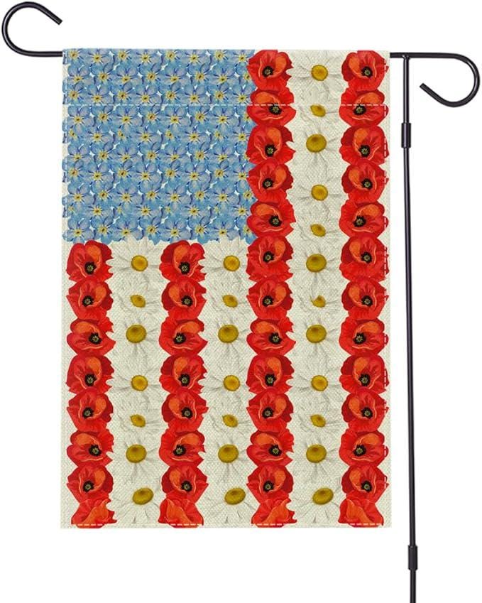 Myosotis Poppy American Garden Flag 12x18 Inch Double Sided Patriotic Presidents Day Yard Decor
