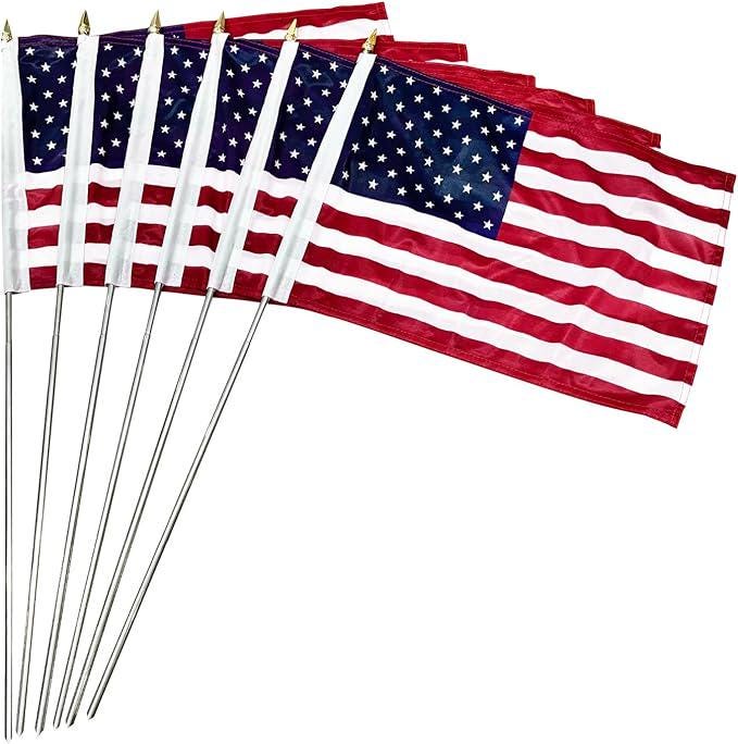 6 Pack Small American Flags on Stick 12x18 Inch Handheld Presidents Day Decor