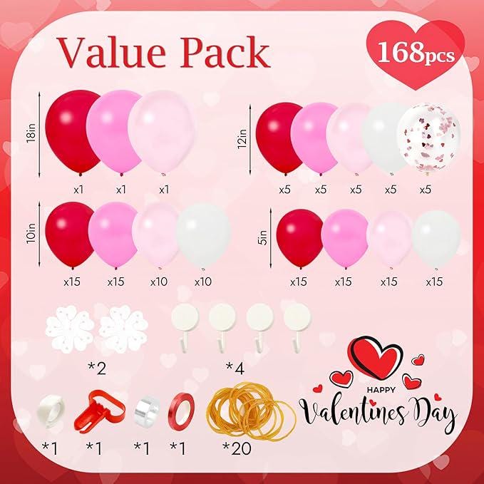 Valentine's Day Balloon Arch Kit: Red, Pink, White Confetti, 168 Piece