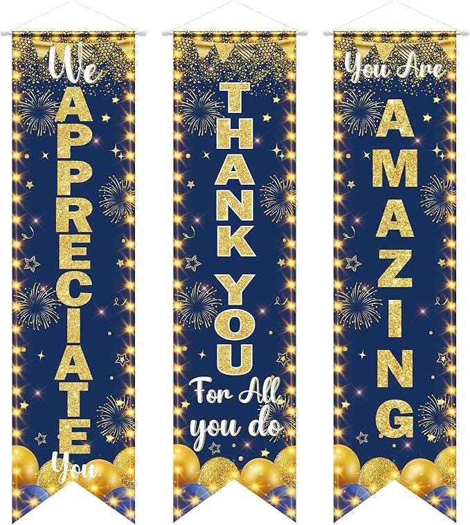 3PCS Blue Gold We Appreciate You Banner Thank You Appreciation Party Decoration