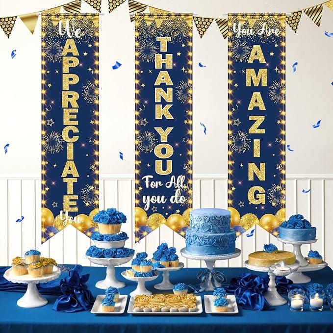 3PCS Blue Gold We Appreciate You Banner Thank You Appreciation Party Decoration