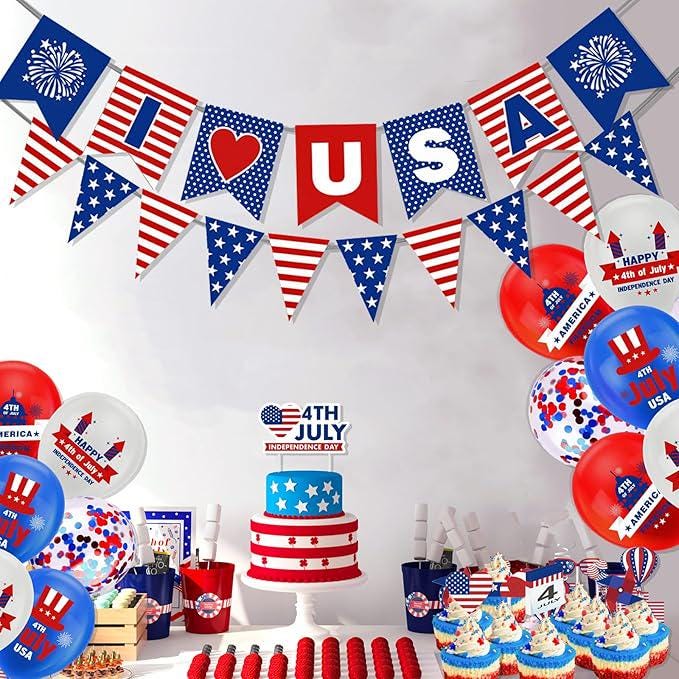 President Day Patriotic USA Banner Cake Toppers Red White Blue Balloons