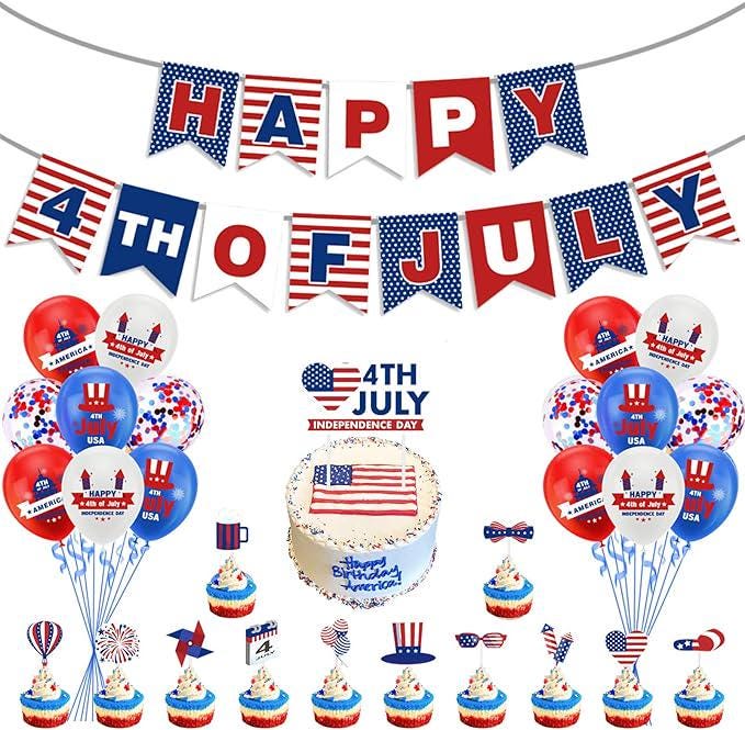 President Day Patriotic USA Banner Cake Toppers Red White Blue Balloons