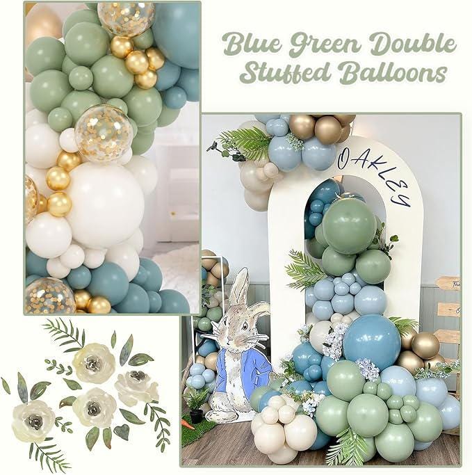 Double Stuffed Dusty Blue Sage Green Balloon Garland Kit 78pcs Baby Shower Party
