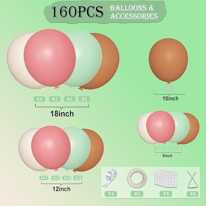 160pcs Sage Green Pink White Brown Balloon Arch Kit Boho Baby Shower Party