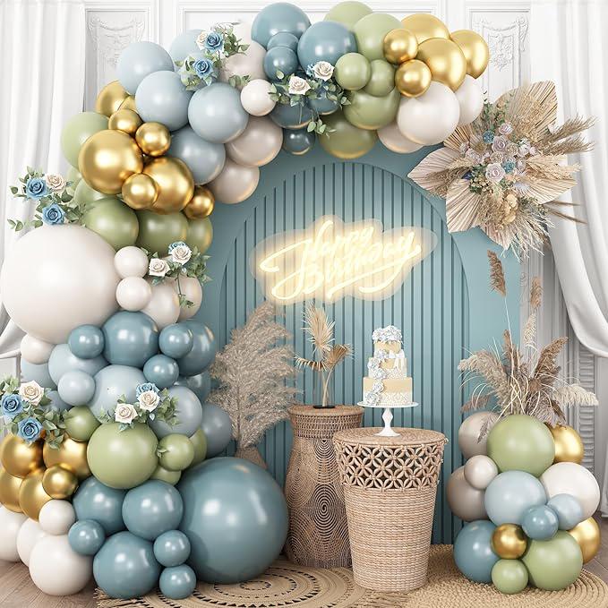 Dusty Blue Green Balloon Garland Kit Slate Sage Gold Baby Shower Birthday Party